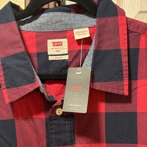 Levi's Men's Red and Navy Plaid Button-Down Worker Shirt